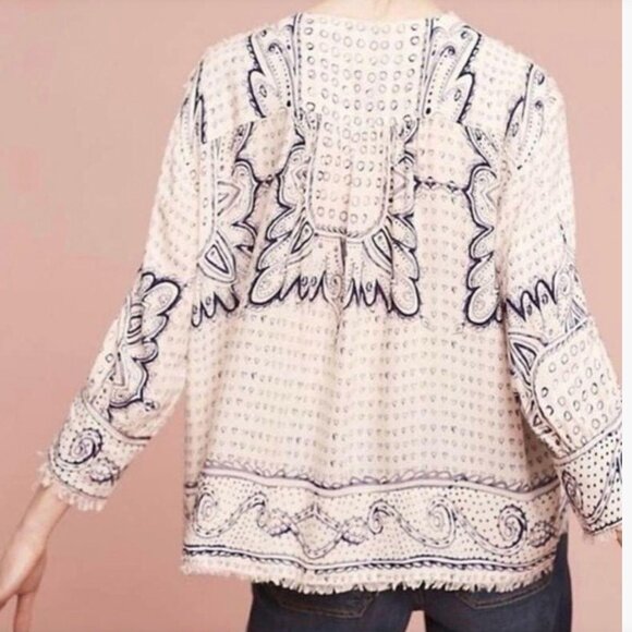 Maeve Anthropologie Small Morgan Top Blue & White Boho Button Down Flowy - Picture 2 of 8